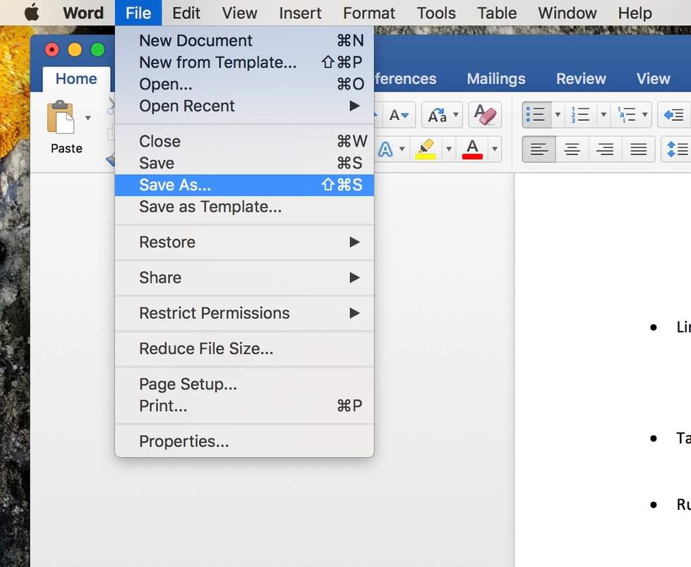 Microsoft Word's file dropdown with Save As highlighted